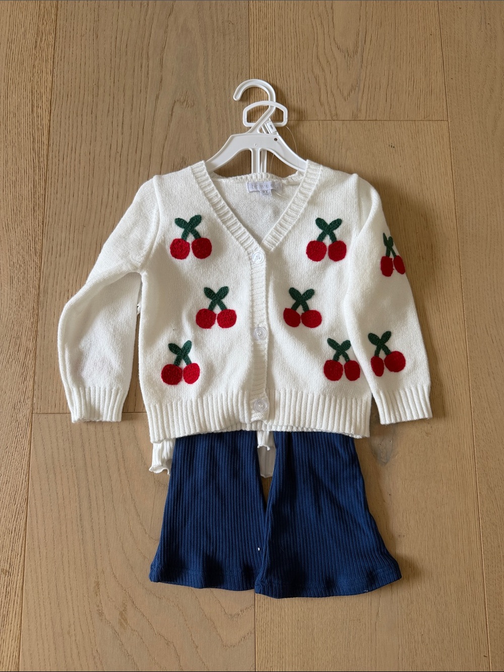3 piece White Cherry Knit Cardigan with Navy Ribbed Pants and white t shirt